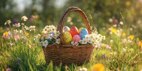 An Easter basket filled with colorful wildflowers on a grassy field. A charming seasonal arrangement for celebration.