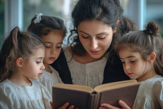 Mother and children engaging in a bedtime storytelling session.