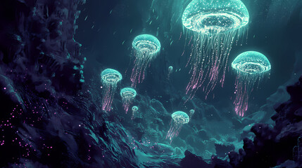 Obraz premium A captivating underwater landscape with bioluminescent beings in the deep sea. Bioluminescent Deep Sea. Illustration
