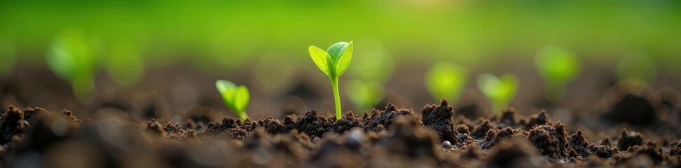 Tiny seedlings sprouting in muddy paddy field soil, seedlings, plant growth, farm environment