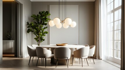 Sunlit Modern Dining Room with Round Table, Neutral Colors, and Elegant Lighting