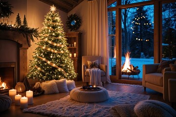 Serene Winter Vibes with Illuminated Tree and Soothing Hearth in a Cozy Celebration