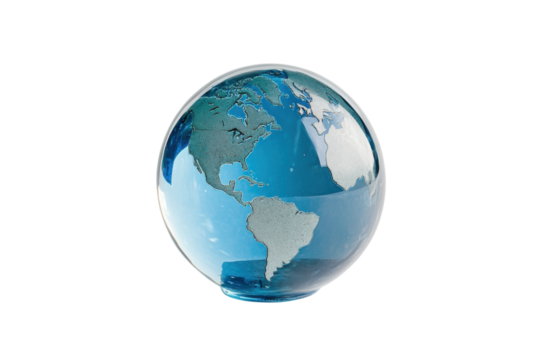 A vibrant glass globe reflecting the beauty of Earth’s continents and oceans under soft light isolated on transparent background