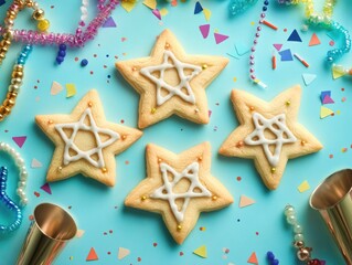 Set of five star-shaped cookies with sugar decorations, suitable for Hanukkah celebration. Vibrant and colorful sprinkles on frosted cookies.