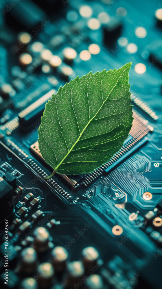 Poster green circuit board backdrop showcasing verdant leaf symbolizing sustainable computing, green techno