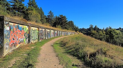 Fototapeta premium World Art Day Painting Modern Colorful graffiti along a scenic walking path.
