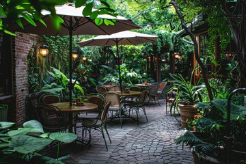 Obraz premium Charming garden oasis featuring cozy seating and vibrant greenery in a tranquil outdoor retreat during daylight hours