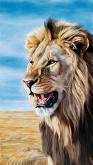 Majestic lion resting under a bright sky in a golden grassland landscape