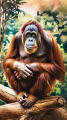 Naklejka premium Orangutan resting on a log surrounded by lush greenery suitable for mobile wallpaper