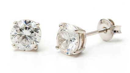 Silver Stud Earrings with Cubic Zirconia on White Background