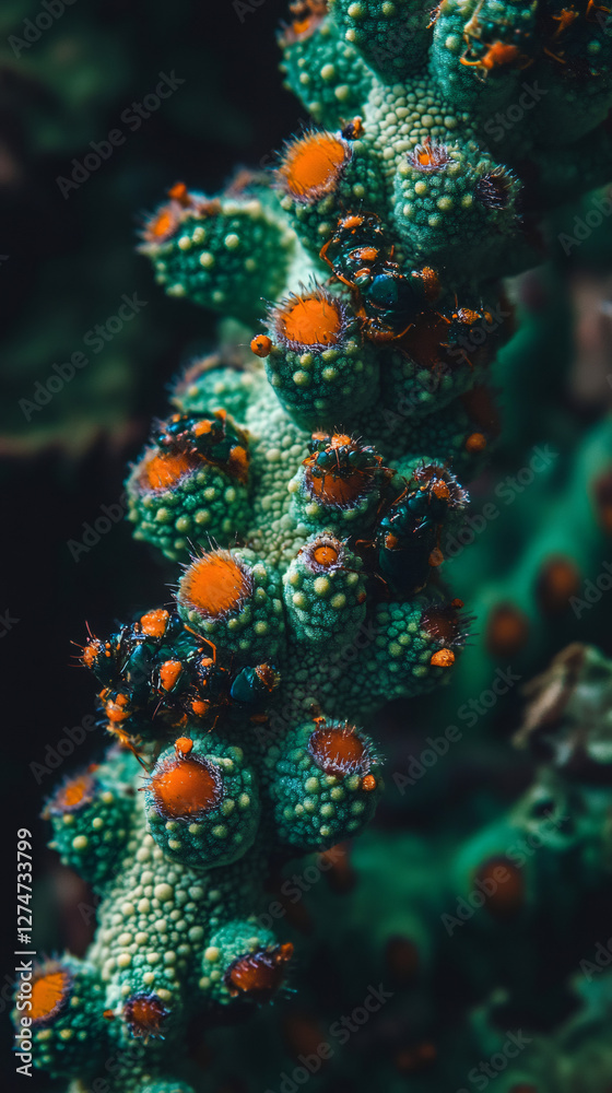 Poster close-up of insects exploring a unique plant with textured green surface and vibrant orange tips, cr