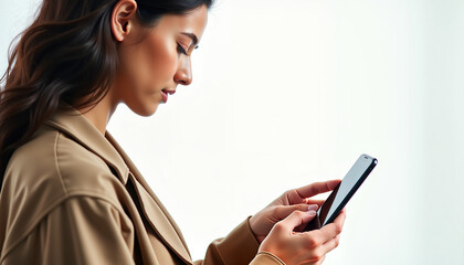 Young woman using smartphone in a neutral setting