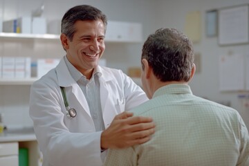 Obraz premium Medical professional smiling at patient in clinical setting.