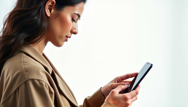 Young woman using smartphone in a neutral setting