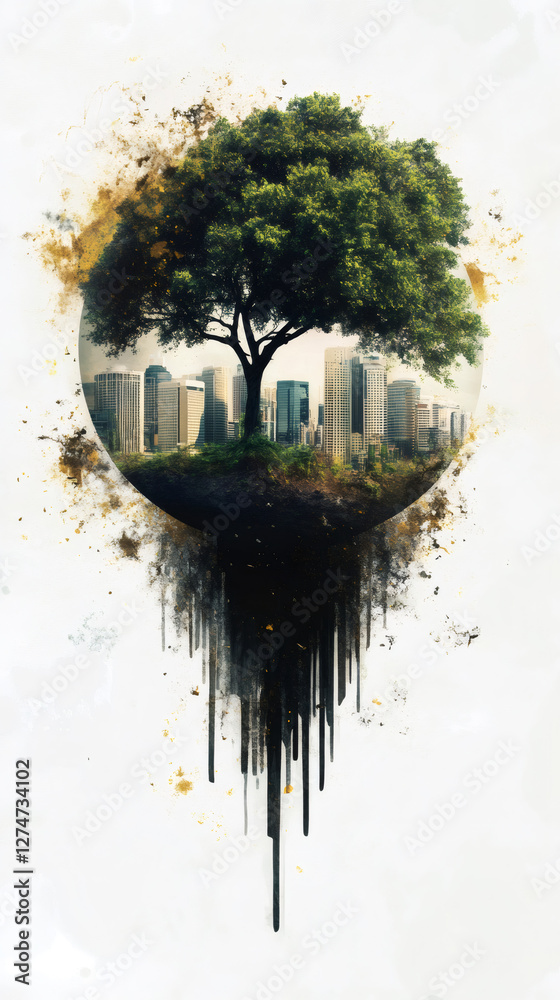Poster Environmental concept with a lonely tree growing on a small planet with a metropolis, pollution dripping down from its bottom