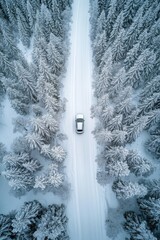 A snow-covered road between tall trees during winter.