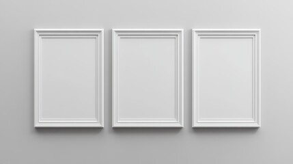 Three empty white picture frames on a minimalist grey wall in a modern art gallery setting