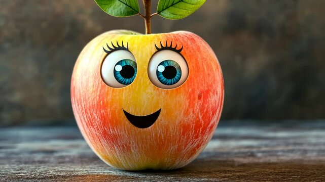 Bright and cheerful animated apple character with big eyes and a smile on a textured background