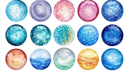 Colorful water droplets on diverse textured spheres in abstract art collection