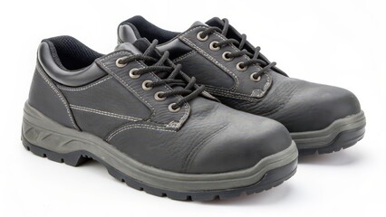 Black Leather Safety Shoes on White Background