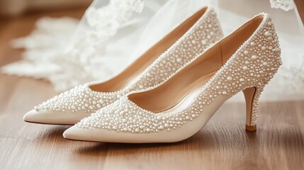 Obraz premium A pair of elegant bridal shoes with pearl embellishments, set on a polished wooden floor with a lace veil in the background.