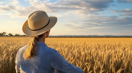 Woman contemplates sunset over golden wheat field