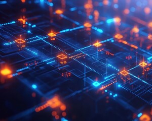 Obraz premium Blockchain cryptocurrency transaction on a glowing holographic screen, sleek tech setting, vibrant lighting, photorealistic