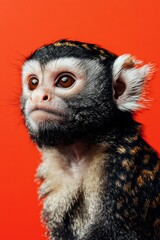The monkey is sitting against a red background, looking directly at the camera with a concerned or curious expression.