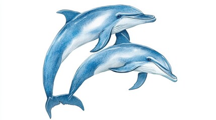 Two blue dolphins swimming gracefully in crystal clear water with sunlight reflections