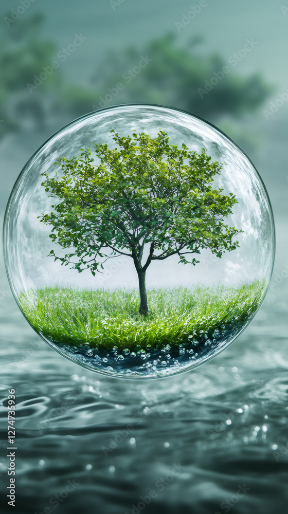 Poster Protecting nature concept with a transparent bubble floating over water containing a small tree and grass