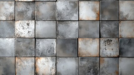 Naklejka premium Rustic metal tile wall with weathered square panels in industrial design