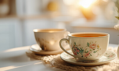 Fototapeta premium Elegant porcelain tea cups with delicate floral patterns on saucers. Warm morning sunlight. Soft shadows on wooden table. Cozy and nostalgic atmosphere. Peaceful tea moment.