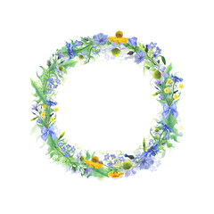 Wild flowers wreath. Elegant floral frame with blue, yellow, white flowers and green leaves. Hand drawn watercolor isolated on white background. Design for invitation, wedding or greeting cards