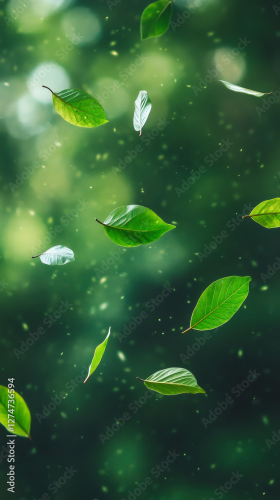 Aufkleber Green leaves falling from a tree in a magical atmosphere with bokeh and particles floating in the air