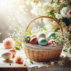 Obraz premium Festive Easter basket filled with pastel and brightly colored eggs, decorated with delicate patterns, placed on a rustic wooden table with fresh flowers around