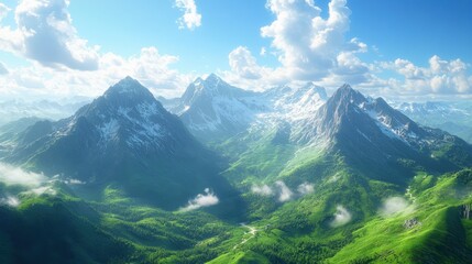 Majestic snow-capped mountains overlooking lush green valley under a clear blue sky