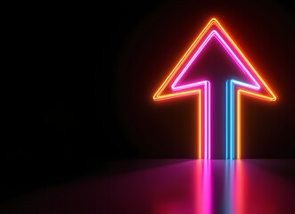 3D render of a glowing neon arrow pointing up, isolated on a black background, with a colorful light effect