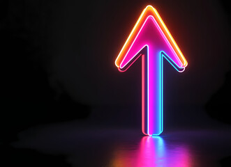 3D render of a glowing neon arrow pointing up, isolated on a black background, with a colorful light effect