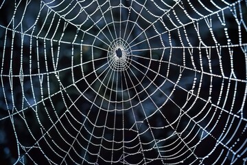 Obraz premium Delicate spider web glistening with dew drops in the early morning sunlight amid lush greenery