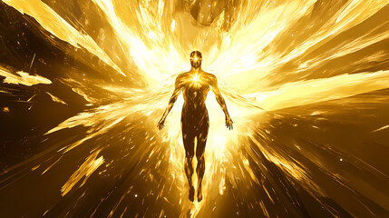 Golden figure radiating light, celestial abstract. Transcendent Light Beings. Illustration