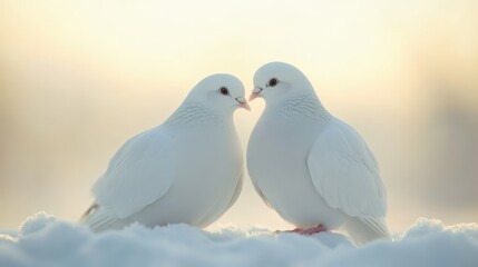 Fototapeta premium Two white doves in snowy landscape with soft light and gentle interaction