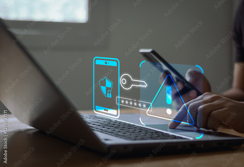 Leinwandbilder cyber crime and cyber security alert warning concept. hand using laptop and smartphone with 2 step v