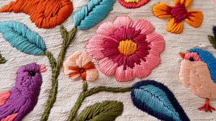 Vibrant otomi embroidery pattern with birds and flowers for textile design