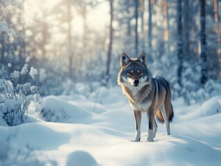 Naklejka premium A wolf stands on snowy ground. Background is blurred with trees and a clear sky.