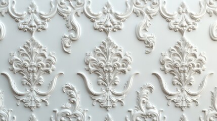 Ornate white wall with intricate baroque floral patterns in symmetrical arrangement