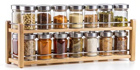 Spice Jars on Wooden Rack, White Background