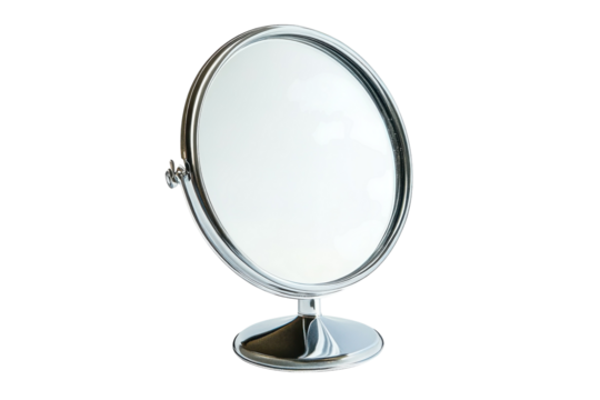 Reflecting serenity in a minimalist setting with a classic round mirror on a bright surface isolated on transparent background