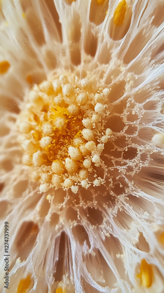 Poster Extreme macro photograph capturing the delicate and intricate details of a dried flower, revealing its complex structure and textures