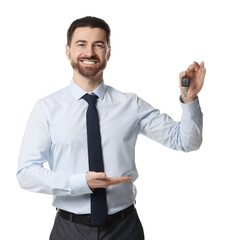 Cheerful salesman with car key on white background
