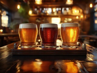 Craft beer flight tasting with glowing AR descriptions of each beer, cozy pub setting, warm lighting, photorealistic